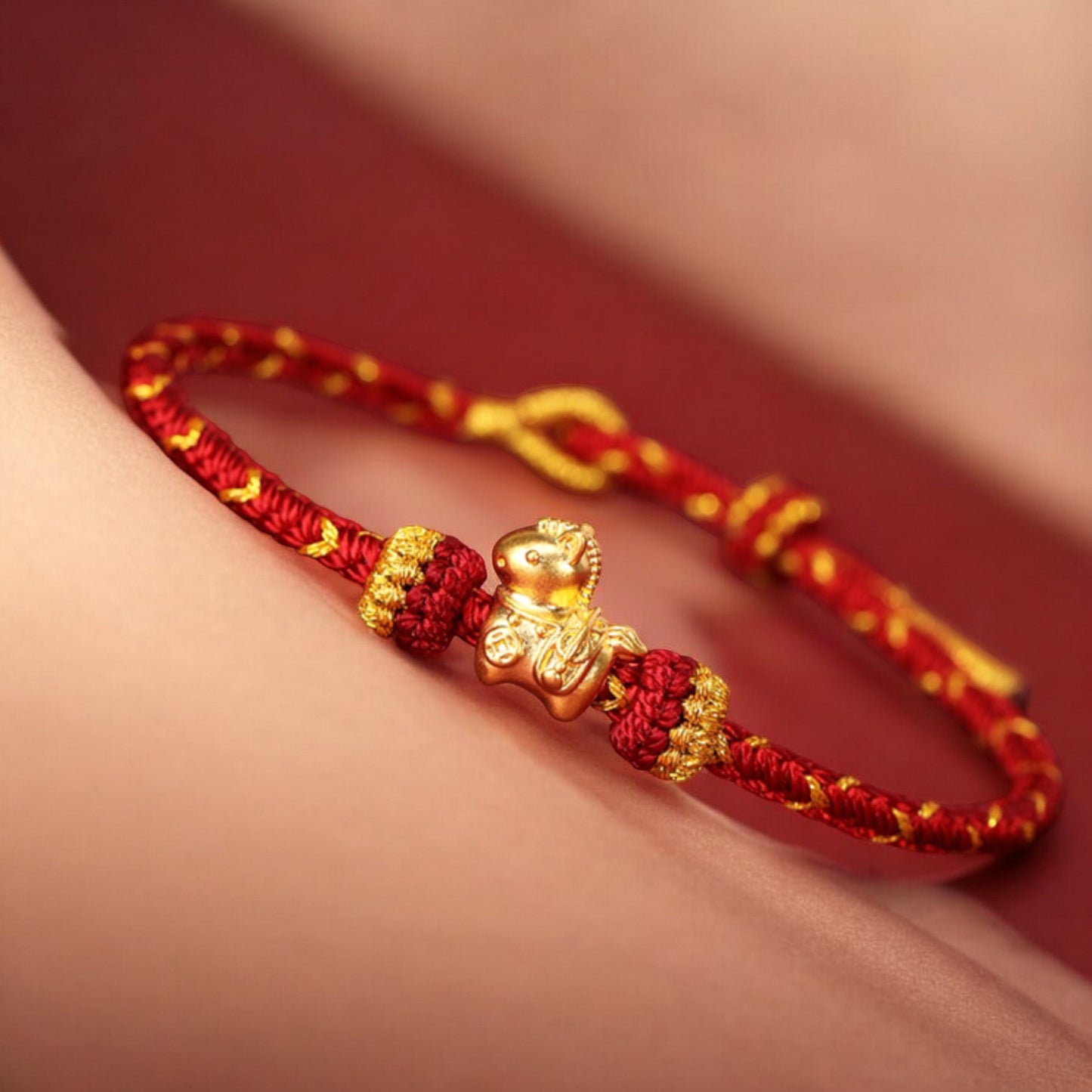 24k Pure 999 Gold Zodiac Year of Horse Charm with Hand Made Braided Rope Bracelet