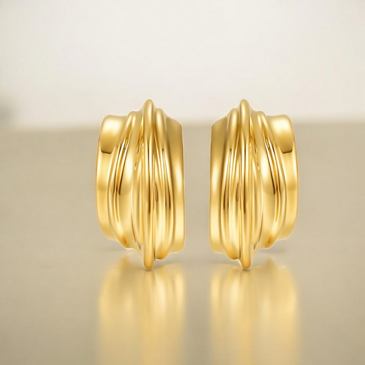 24K Real 5D Gold Minimal Glossy Folds Hoop Stud Earrings