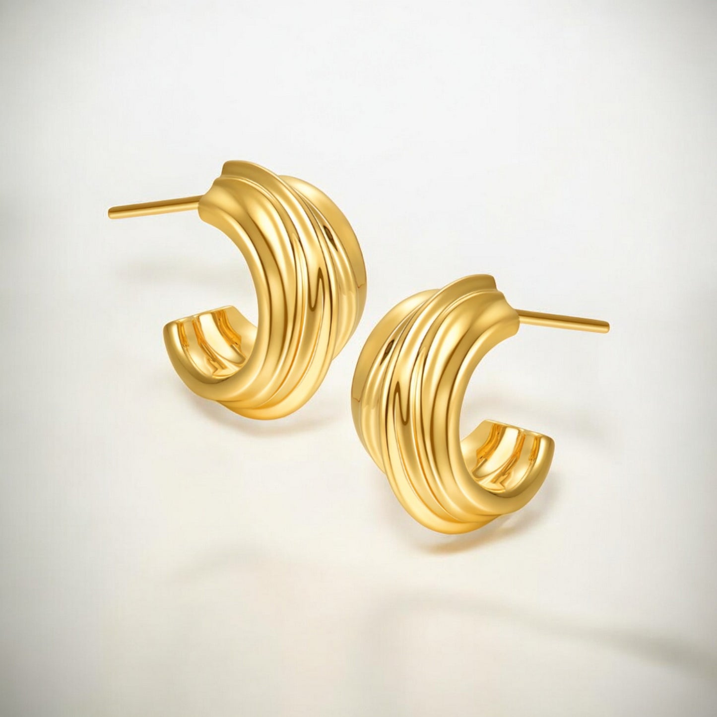 24K Real 5D Gold Minimal Glossy Folds Hoop Stud Earrings
