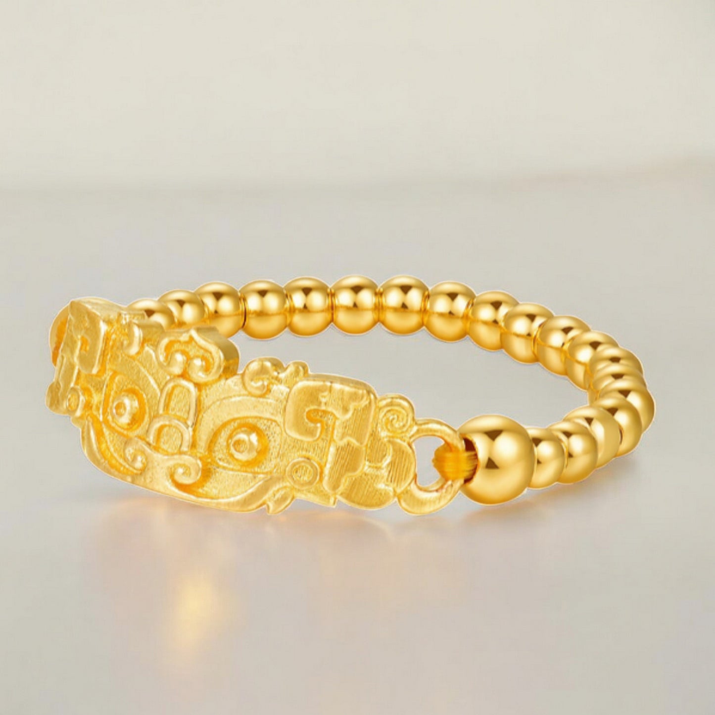 24K Real Gold Creature Bring Wealth and Luck Taotie Motif Beads Ring