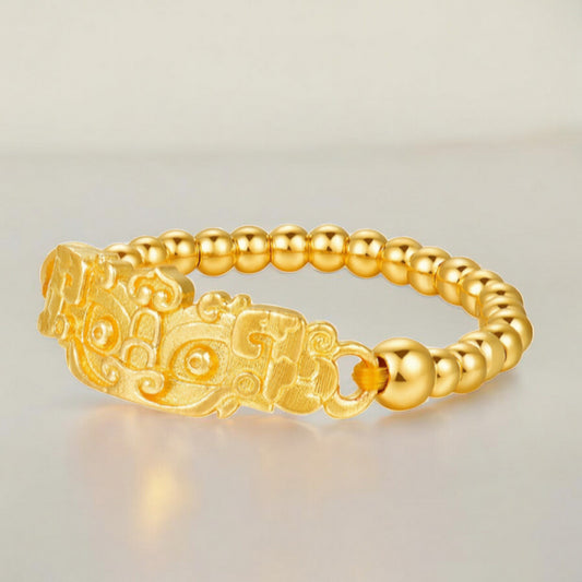 24K Real Gold Creature Bring Wealth and Luck Taotie Motif Beads Ring