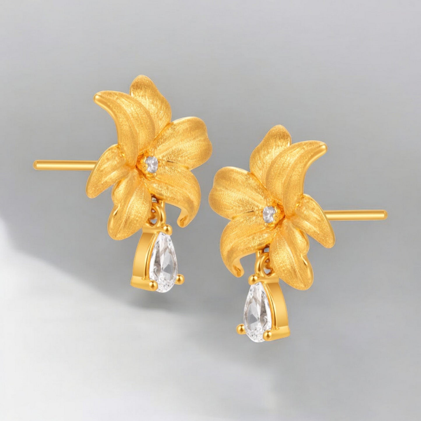 24K Real Gold 5D Lily flower Zircon Stud Earrings