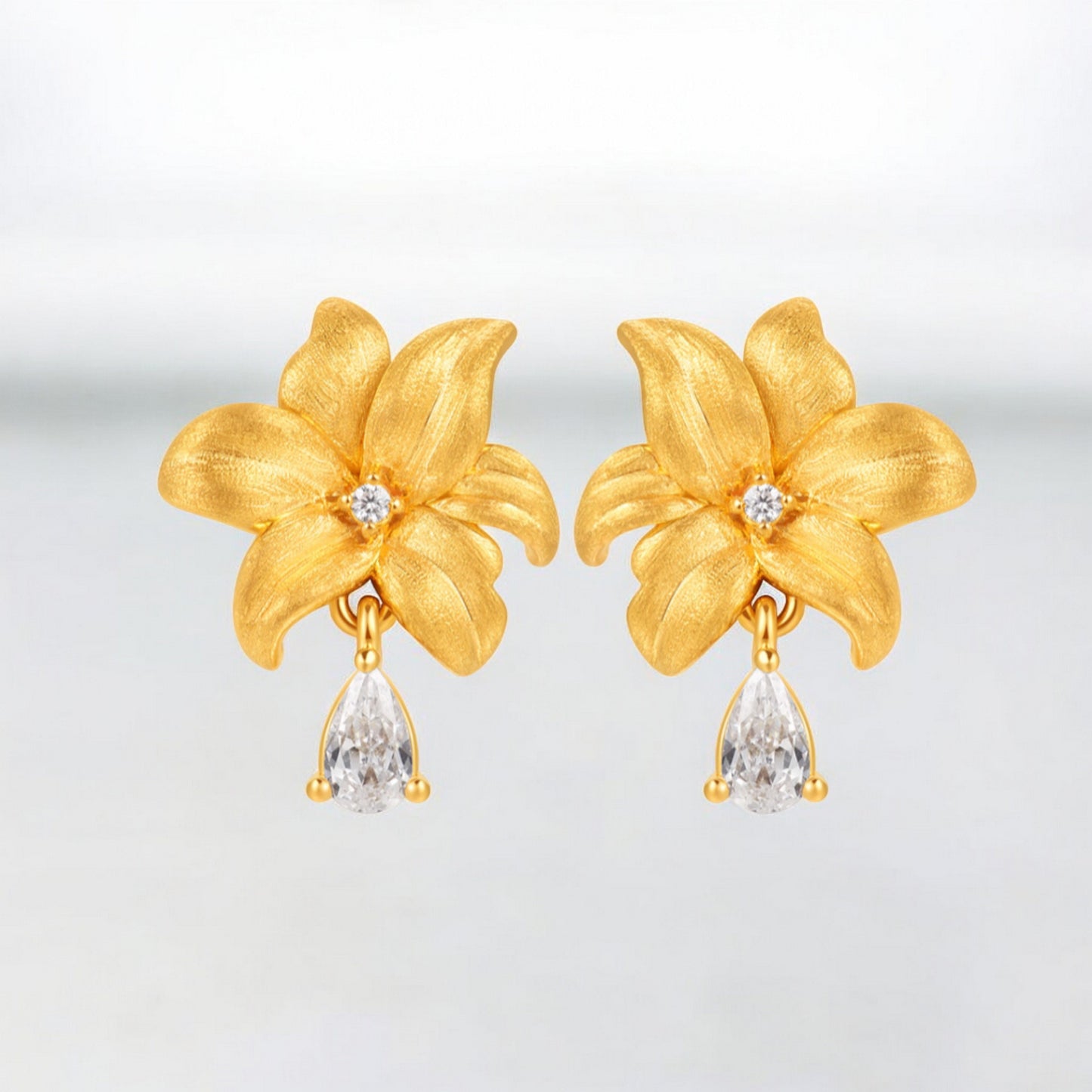 24K Real Gold 5D Lily flower Zircon Stud Earrings