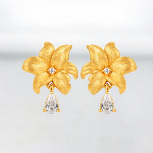 24K Real Gold 5D Lily flower Zircon Stud Earrings