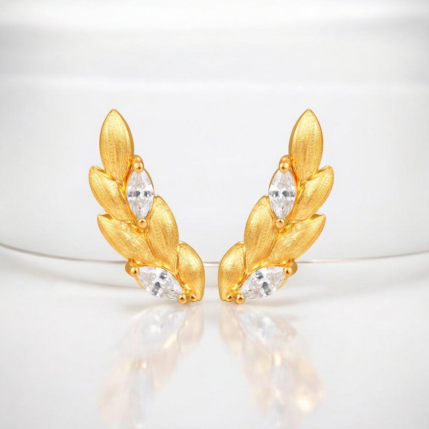 24K Real Gold 5D Ears of Wheat Zircon Stud Earrings