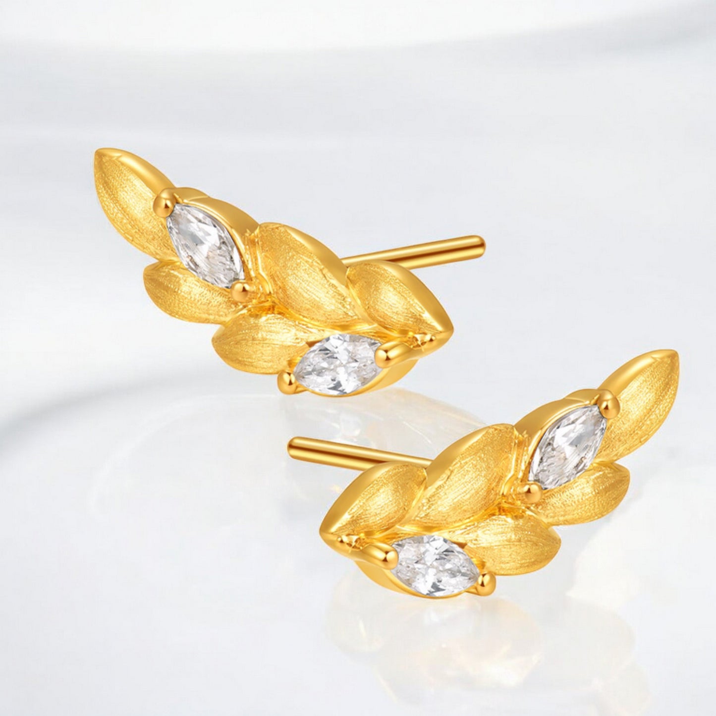 24K Real Gold 5D Ears of Wheat Zircon Stud Earrings