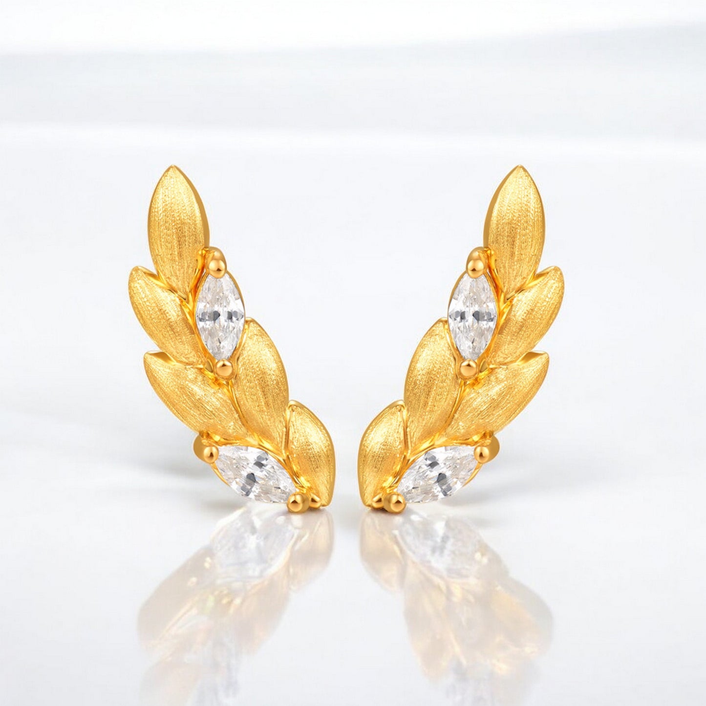 24K Real Gold 5D Ears of Wheat Zircon Stud Earrings