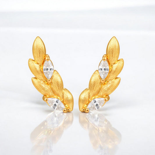24K Real Gold 5D Ears of Wheat Zircon Stud Earrings