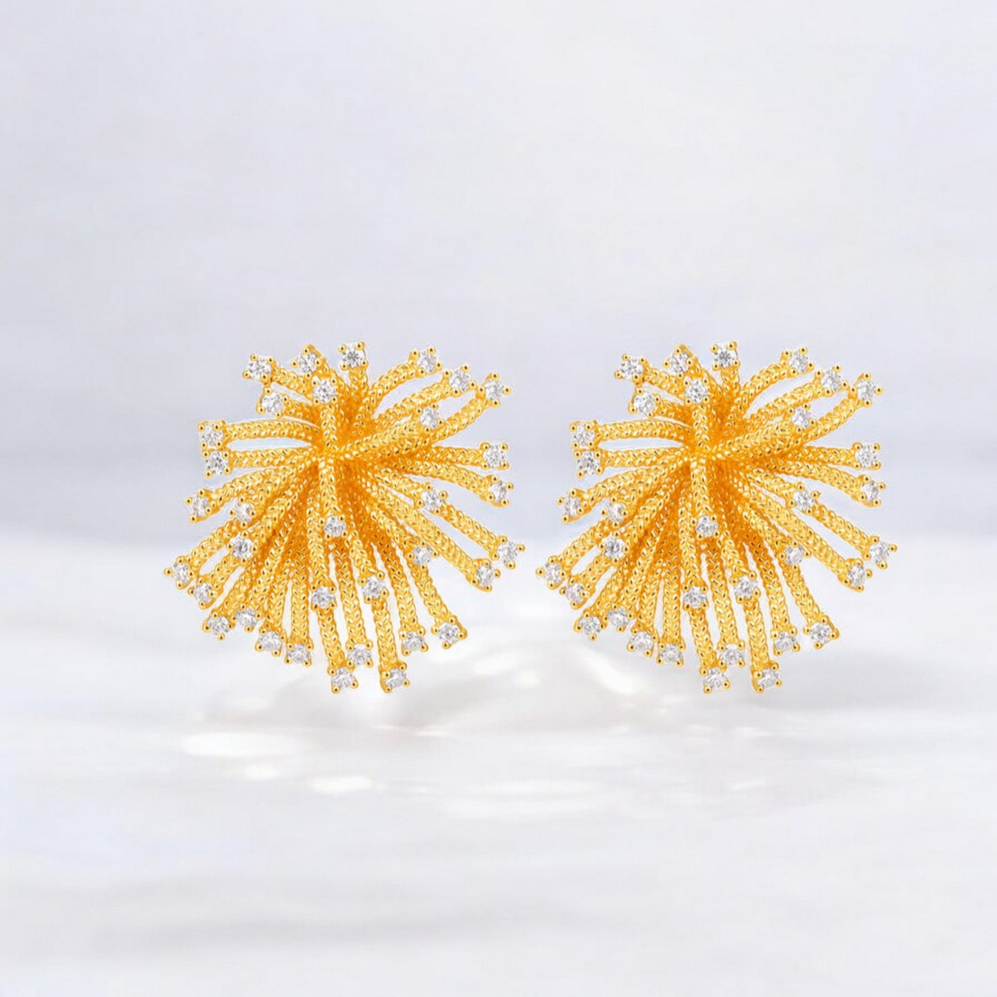 24K Real Gold Fire Work Moissanite Flower Stud Earrings