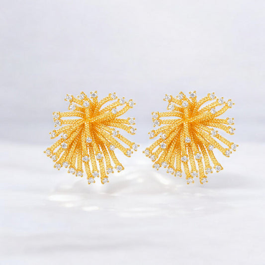 24K Real Gold Fire Work Moissanite Flower Stud Earrings