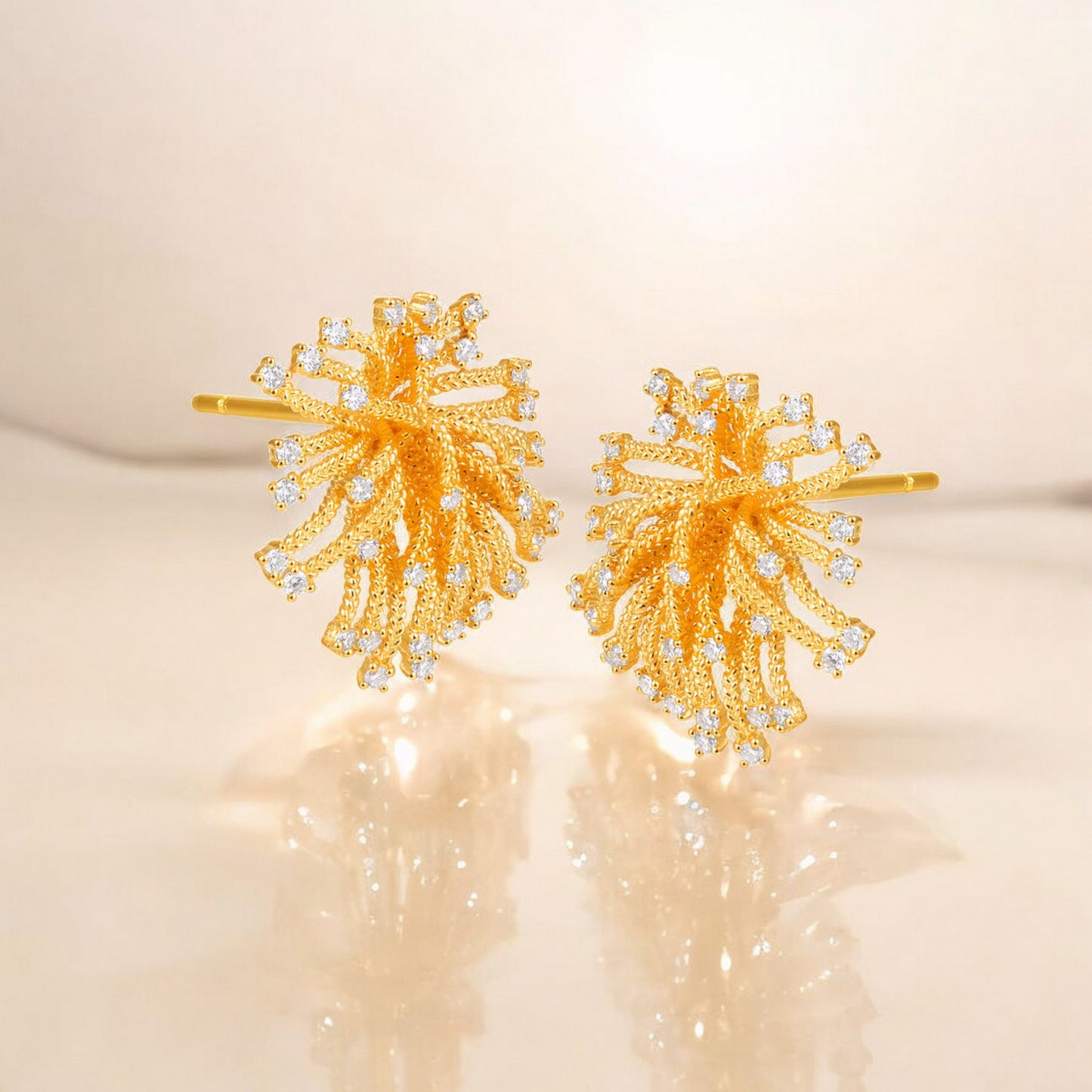 24K Real Gold Fire Work Moissanite Flower Stud Earrings