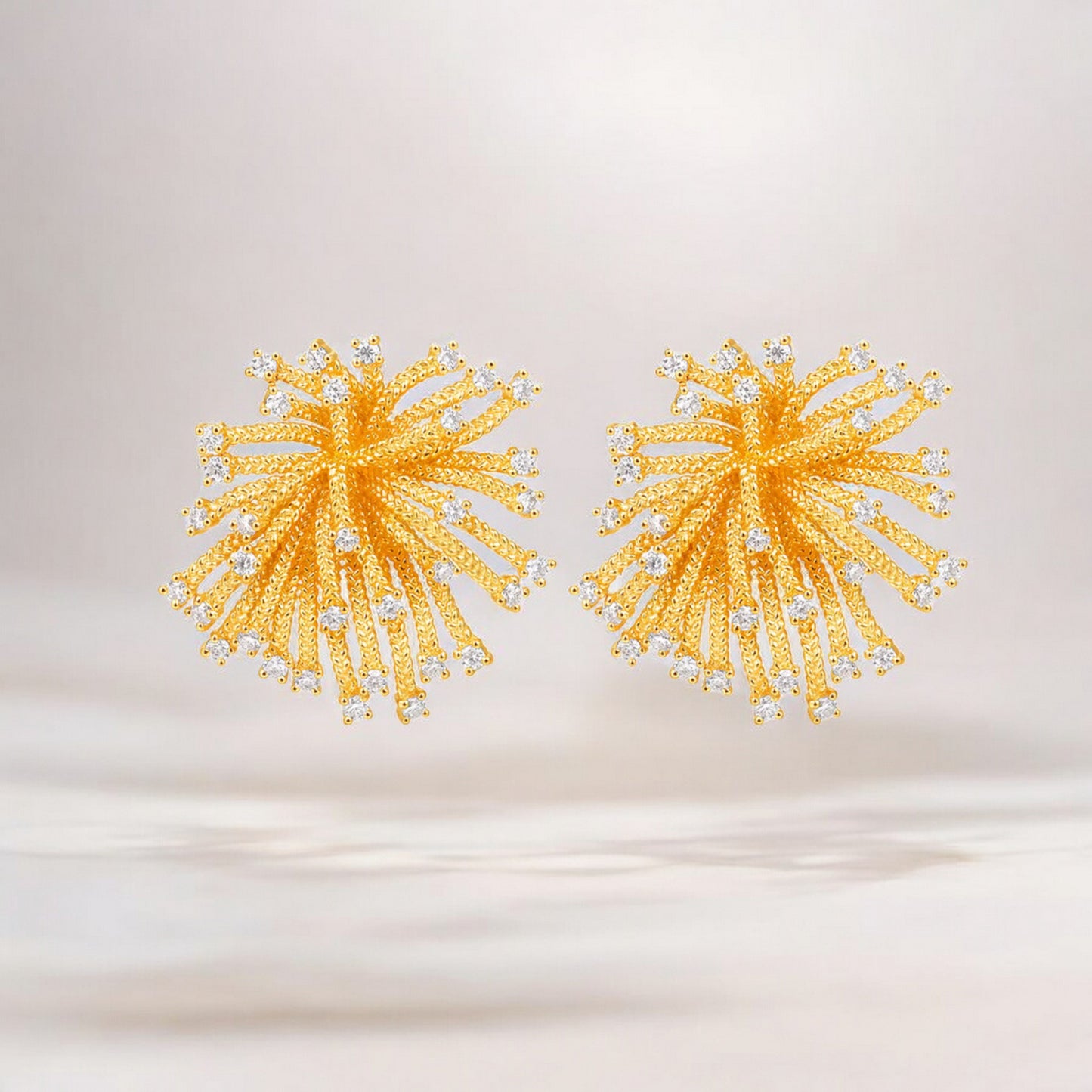 24K Real Gold Fire Work Moissanite Flower Stud Earrings