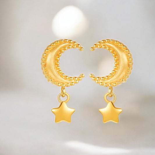 18K Real Gold Moon and Star Earrings