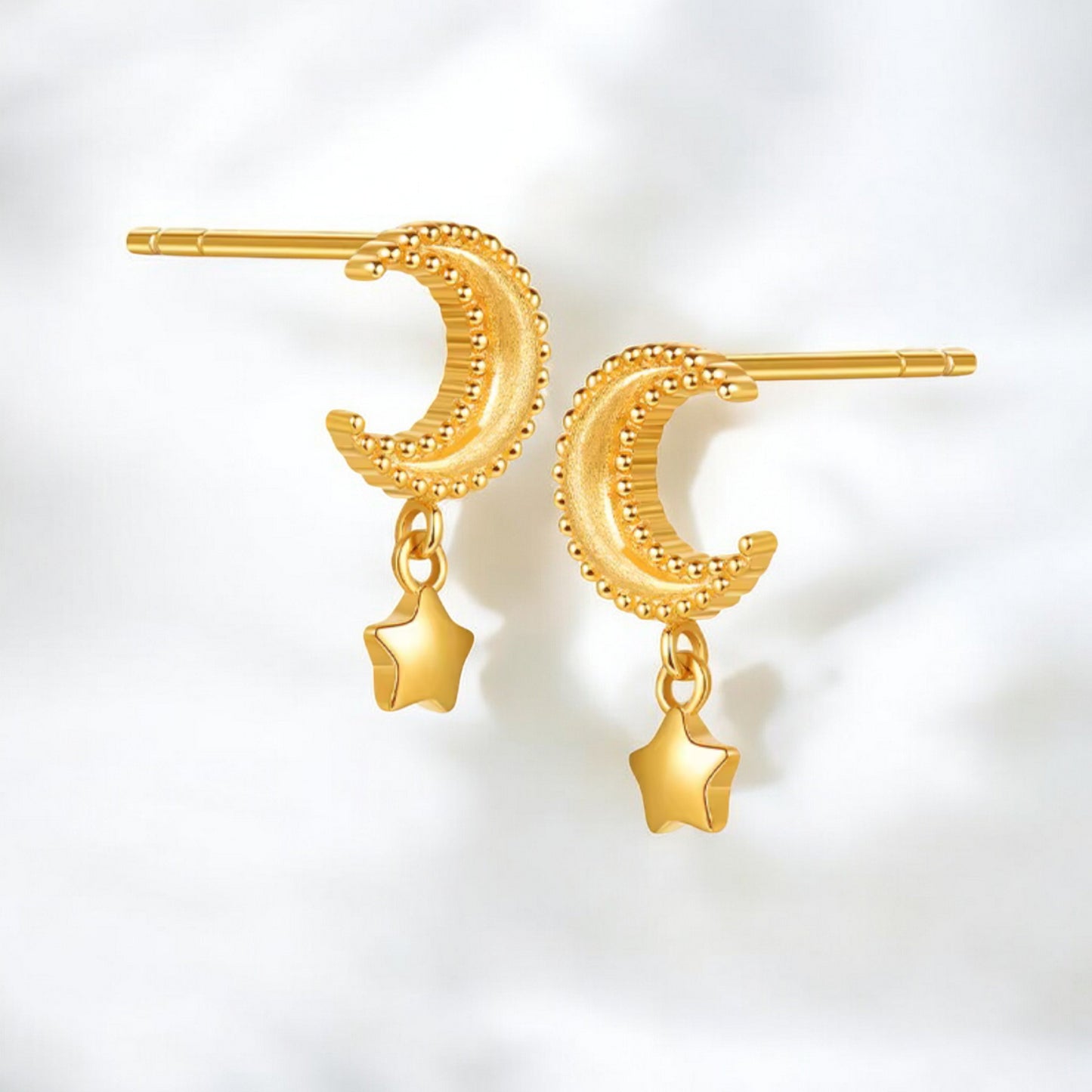 18K Real Gold Moon and Star Earrings