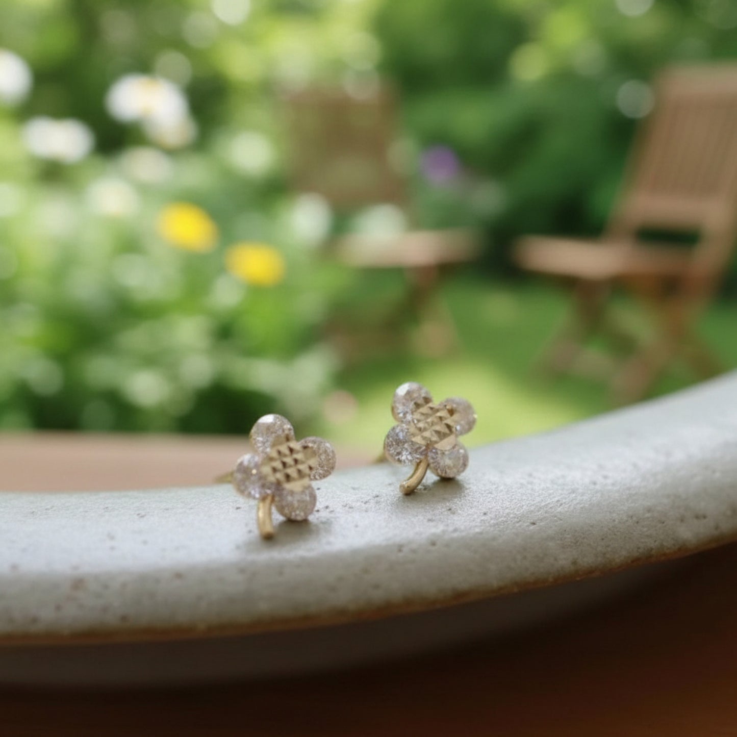 9k Gold Minimal Dainty Sparkling Zircon Clover Leaf Stud Earrings