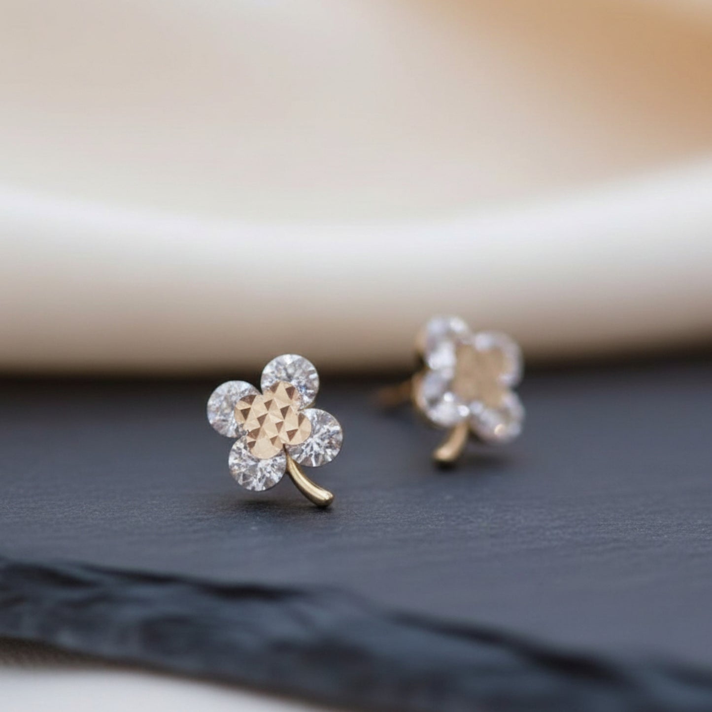 9k Gold Minimal Dainty Sparkling Zircon Clover Leaf Stud Earrings