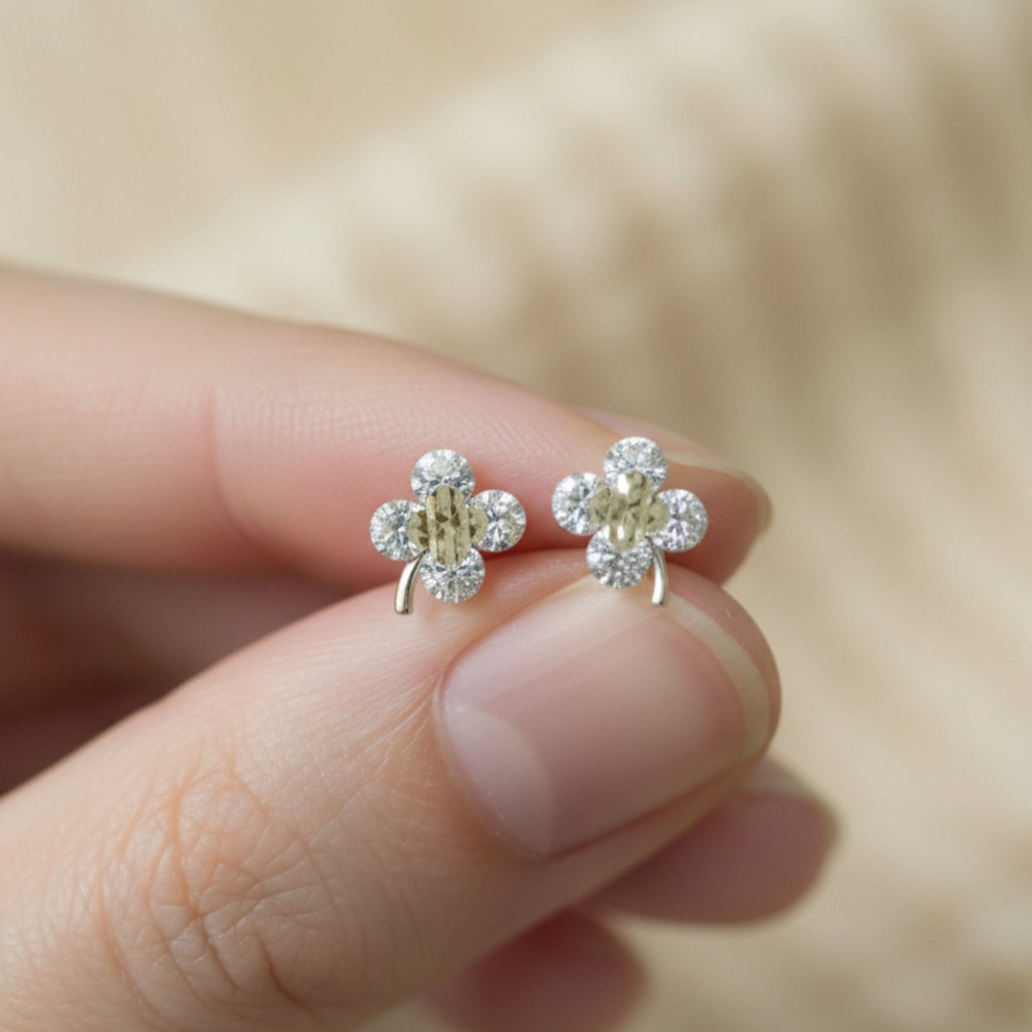 9k Gold Minimal Dainty Sparkling Zircon Clover Leaf Stud Earrings