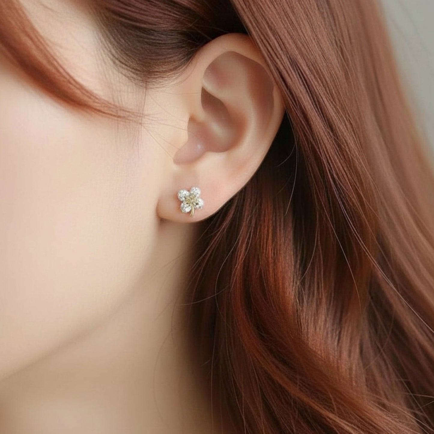 9k Gold Minimal Dainty Sparkling Zircon Clover Leaf Stud Earrings