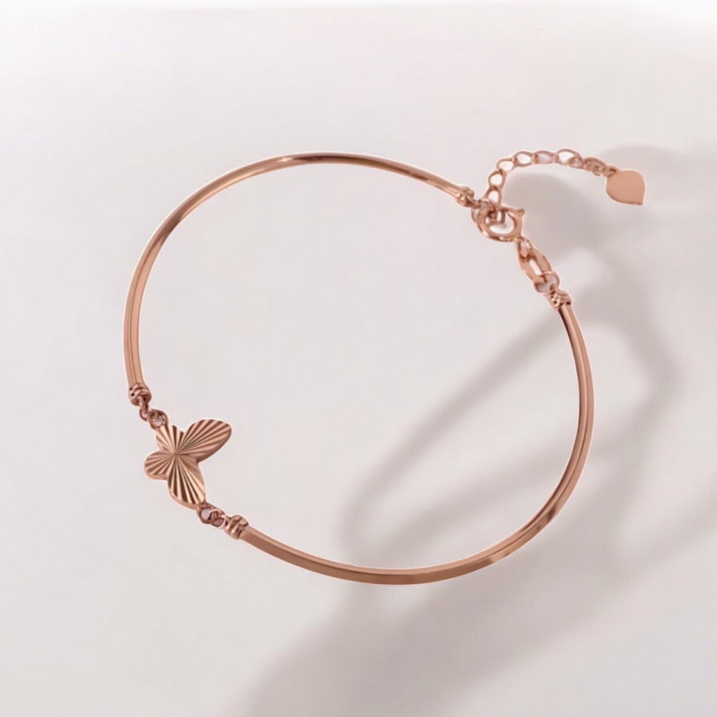 18K Rose Gold Butterfly Charm Cuff Adjustable Bangle Bracelet