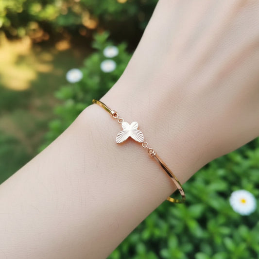 18K Rose Gold Butterfly Charm Cuff Adjustable Bangle Bracelet