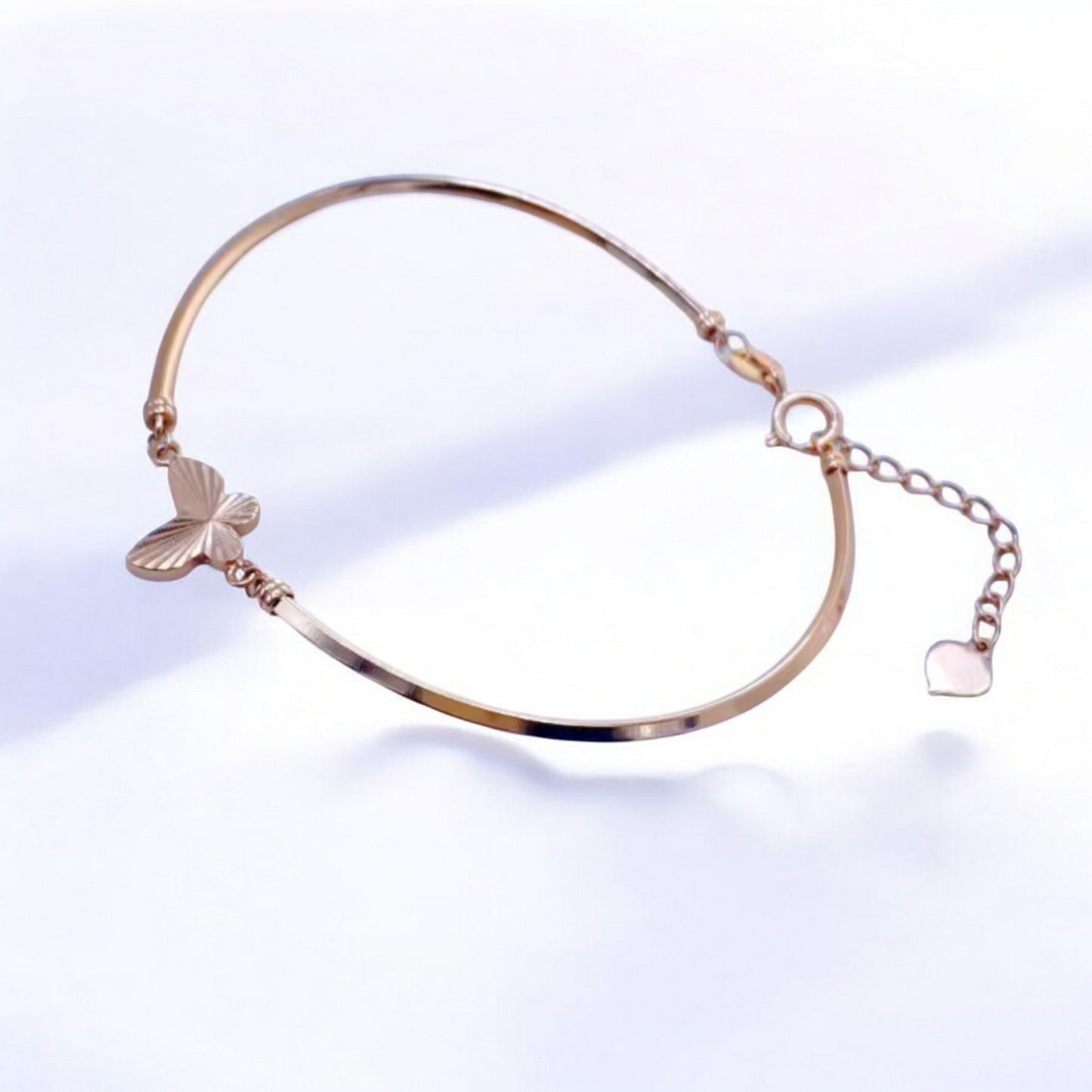 18K Rose Gold Butterfly Charm Cuff Adjustable Bangle Bracelet