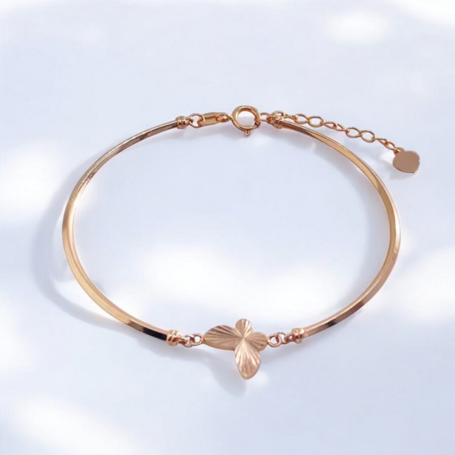 18K Rose Gold Butterfly Charm Cuff Adjustable Bangle Bracelet