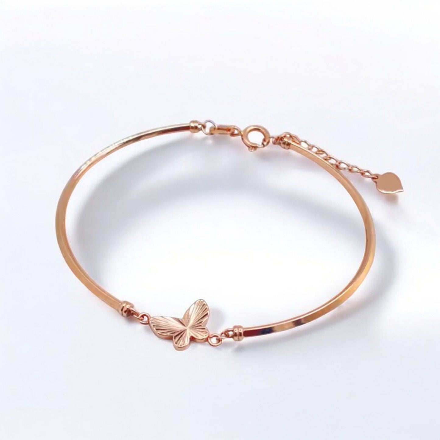 18K Rose Gold Butterfly Charm Cuff Adjustable Bangle Bracelet