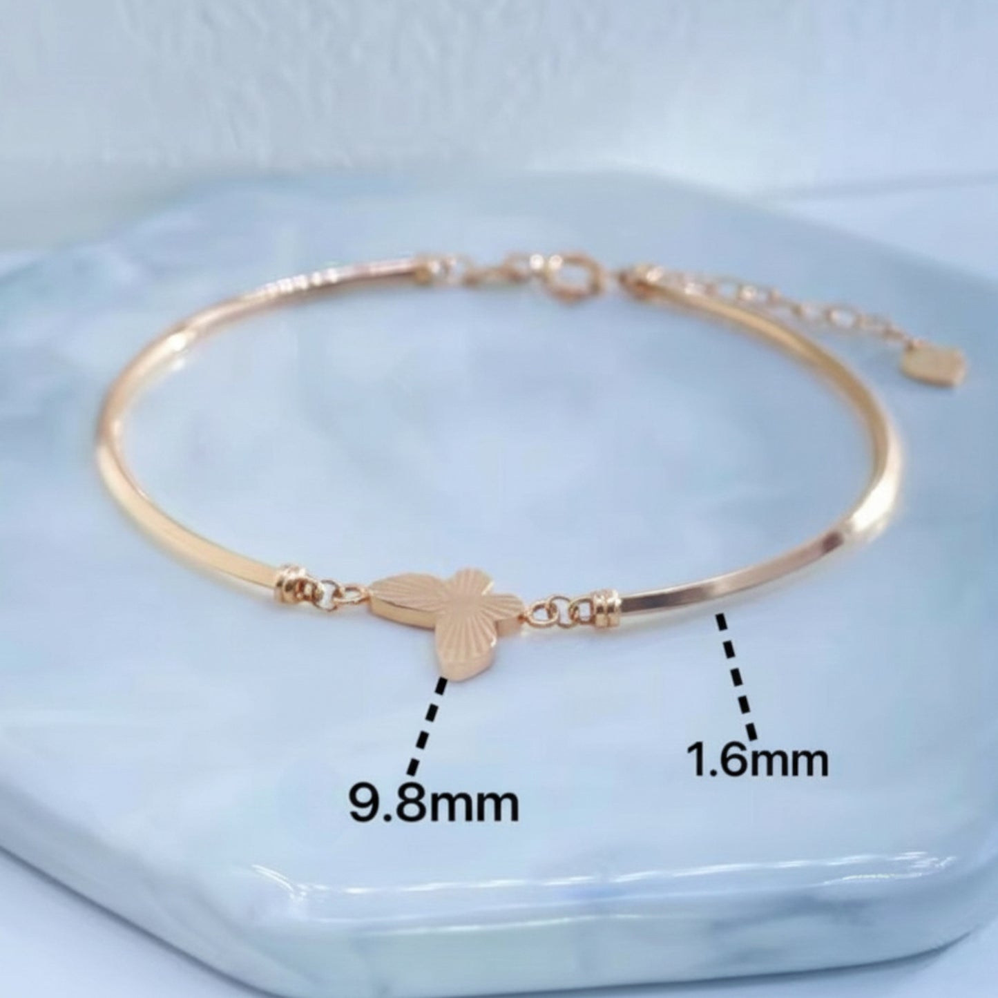 18K Rose Gold Butterfly Charm Cuff Adjustable Bangle Bracelet