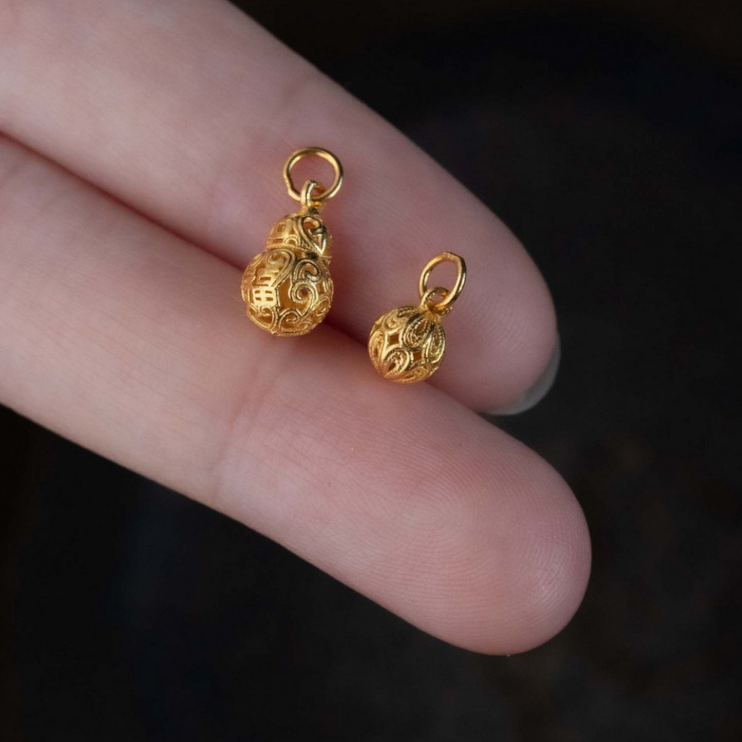 24K 999 Pure Gold Engraving Gourd Bead Mini D.I.Y Charm