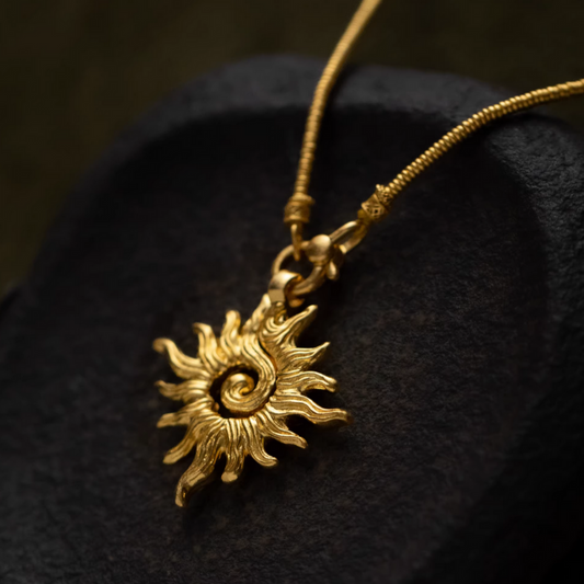 24K Pure Solid 999 Gold Antique Style Sun Pendant Necklace