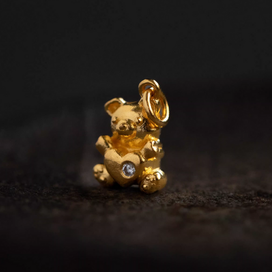 24K 999 Pure Gold Mini D.I.Y Cute Teddy Bear Holding Moissanite Heart Charm