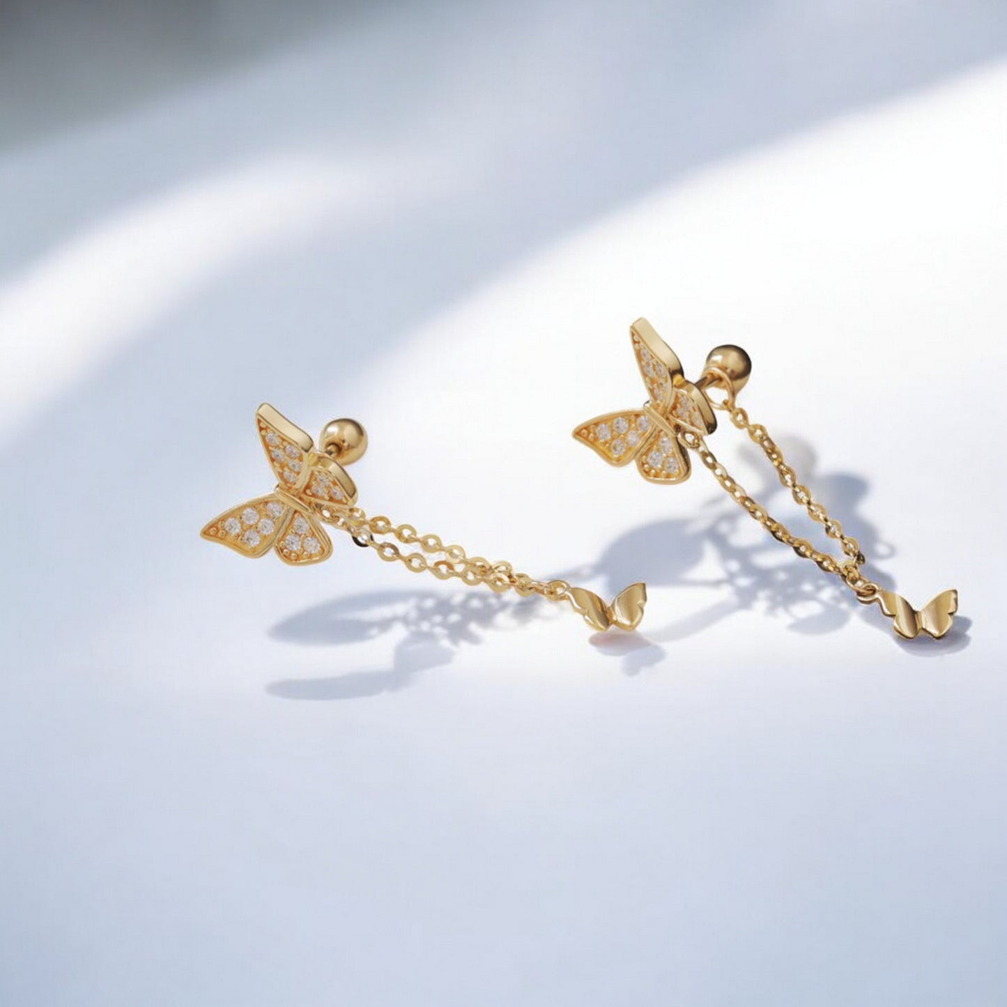 10K Pure Gold Zircon Butterfly Dangle Screw On Earrings