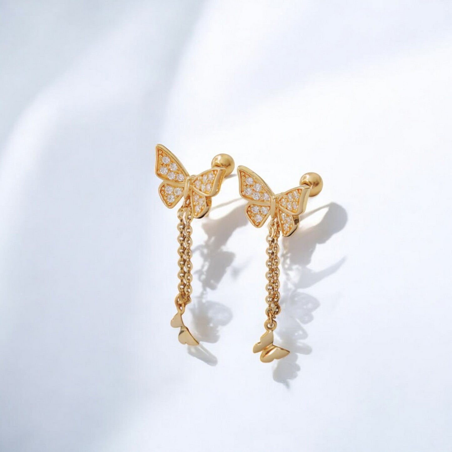 10K Pure Gold Zircon Butterfly Dangle Screw On Earrings