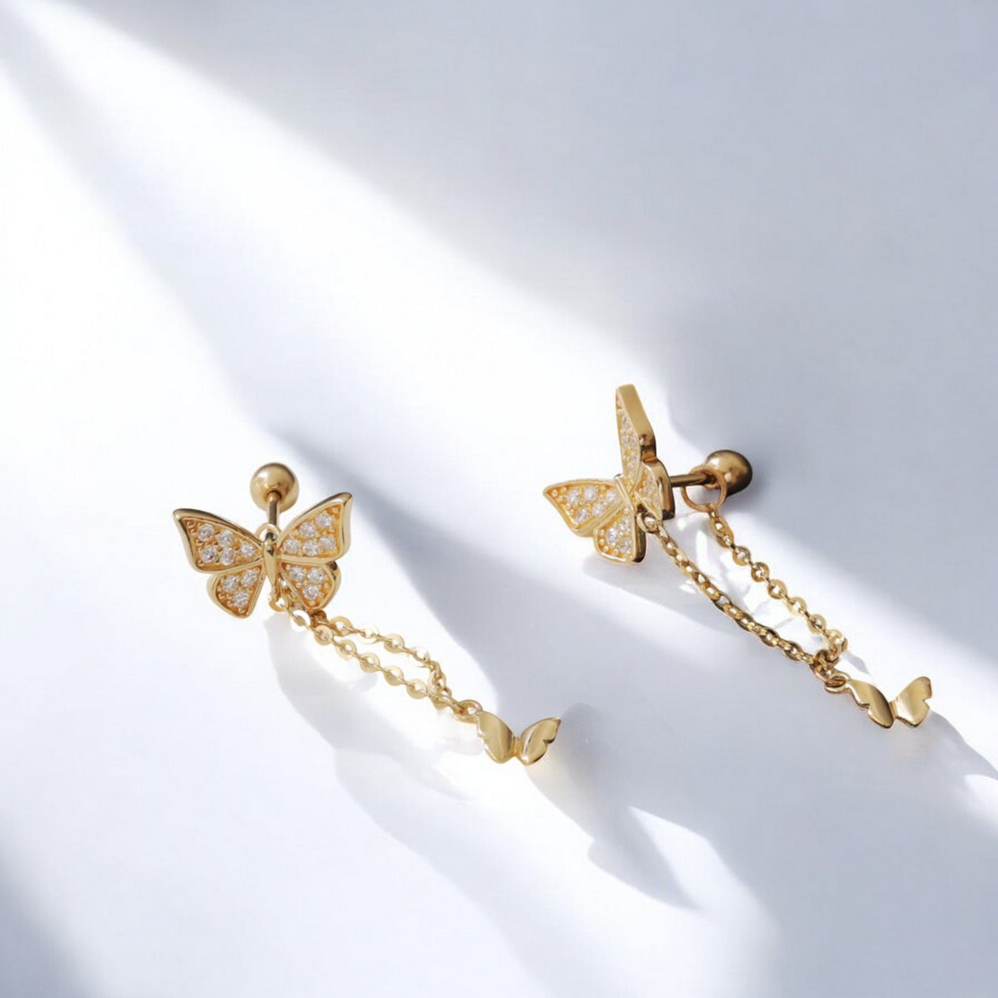 10K Pure Gold Zircon Butterfly Dangle Screw On Earrings