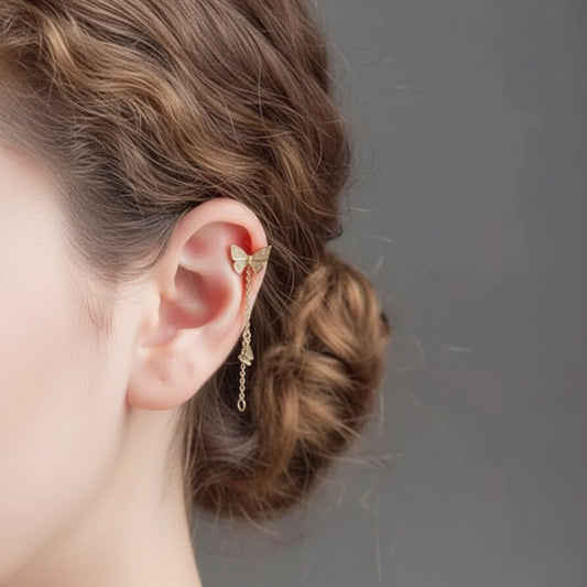 10K Pure Gold Zircon Butterfly Dangle Screw On Earrings