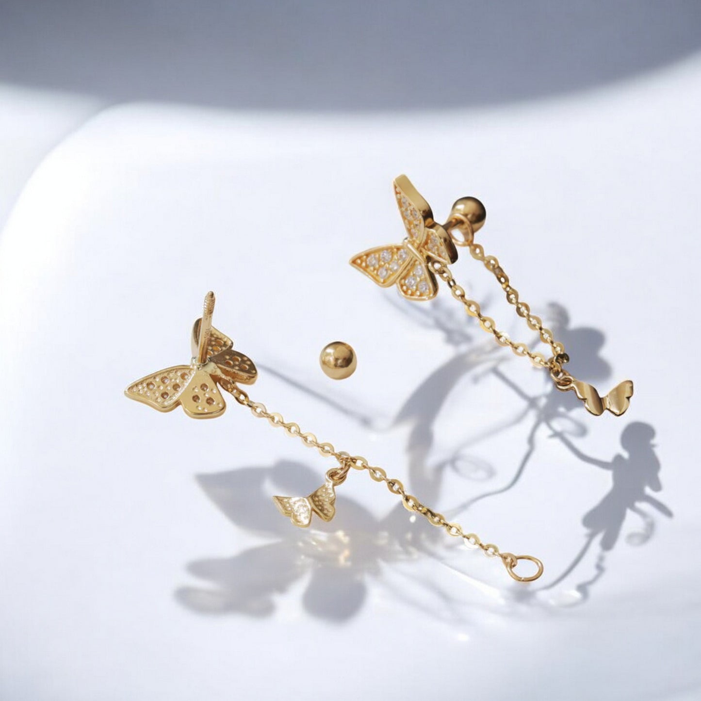10K Pure Gold Zircon Butterfly Dangle Screw On Earrings