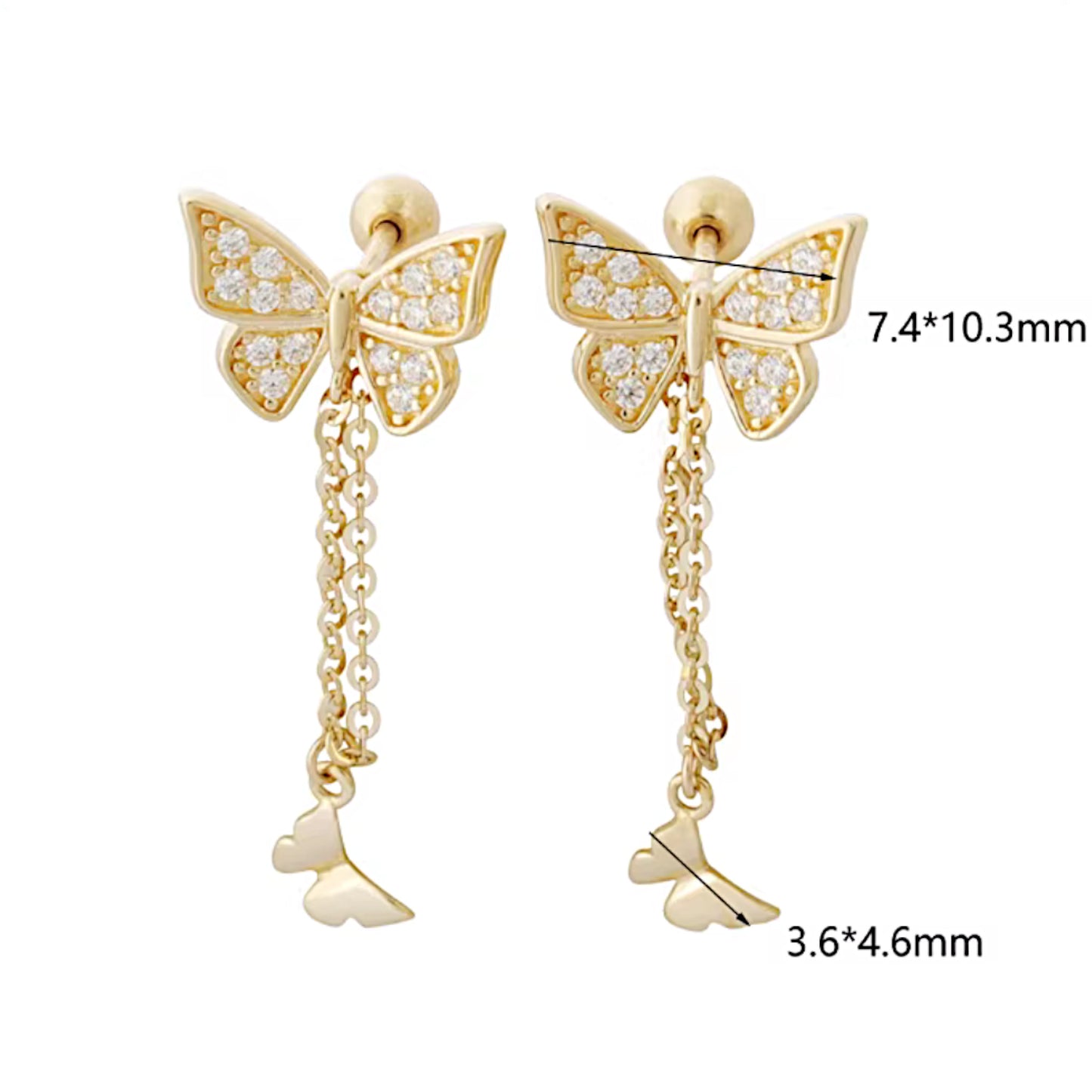 10K Pure Gold Zircon Butterfly Dangle Screw On Earrings