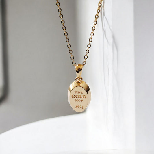 14K Real Gold Petite Oval Gold Bar Design Pendant