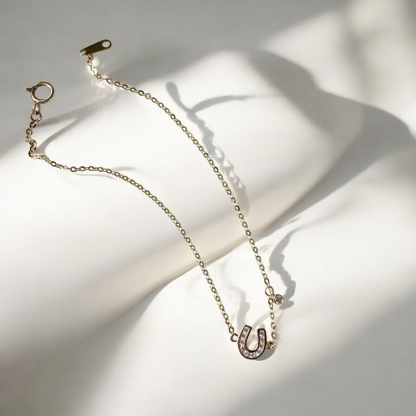 14K Real Gold Minimal Lucky Horseshoe U Shape Zircon Charm Anklet