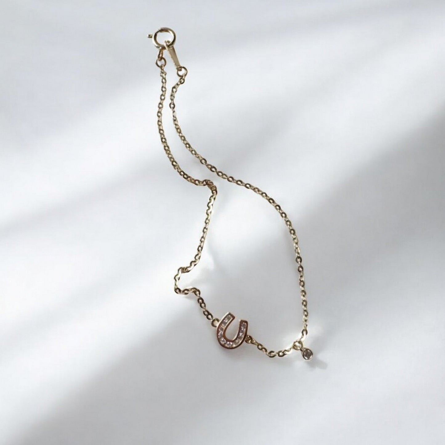 14K Real Gold Minimal Lucky Horseshoe U Shape Zircon Charm Anklet