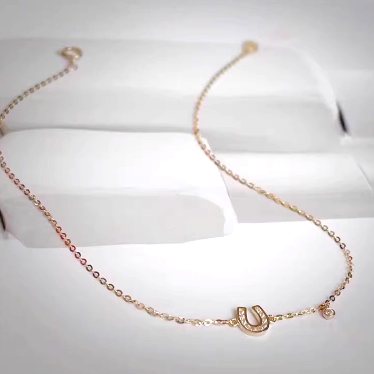 14K Real Gold Minimal Lucky Horseshoe U Shape Zircon Charm Anklet