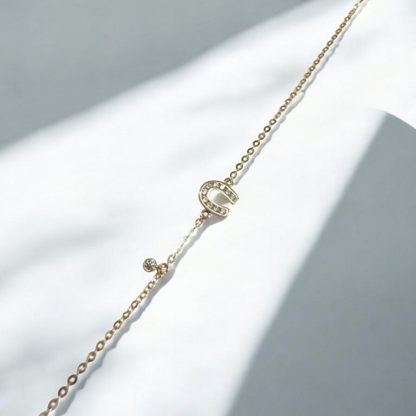 14K Real Gold Minimal Lucky Horseshoe U Shape Zircon Charm Anklet