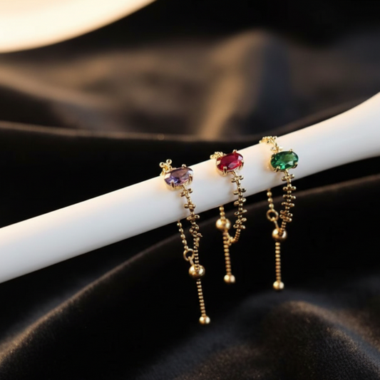 14K Real Gold Luxury Oval Pull-Out Beads Chain Adjustable Ring