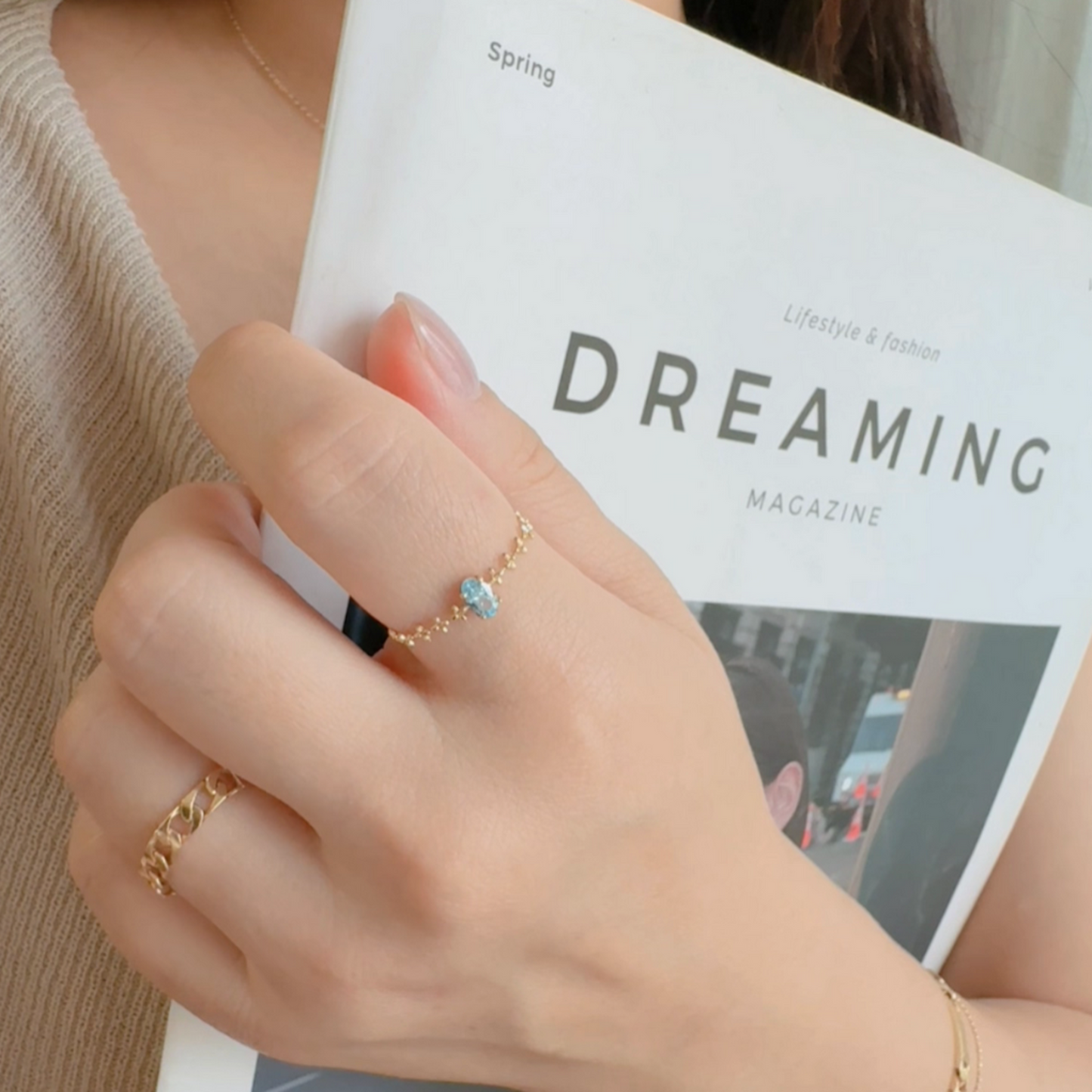 14K Real Gold Luxury Oval Pull-Out Beads Chain Adjustable Ring