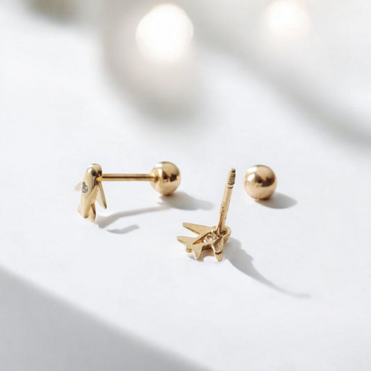 10K Pure Gold Zircon Jet Mini Airplane Screw On Earrings