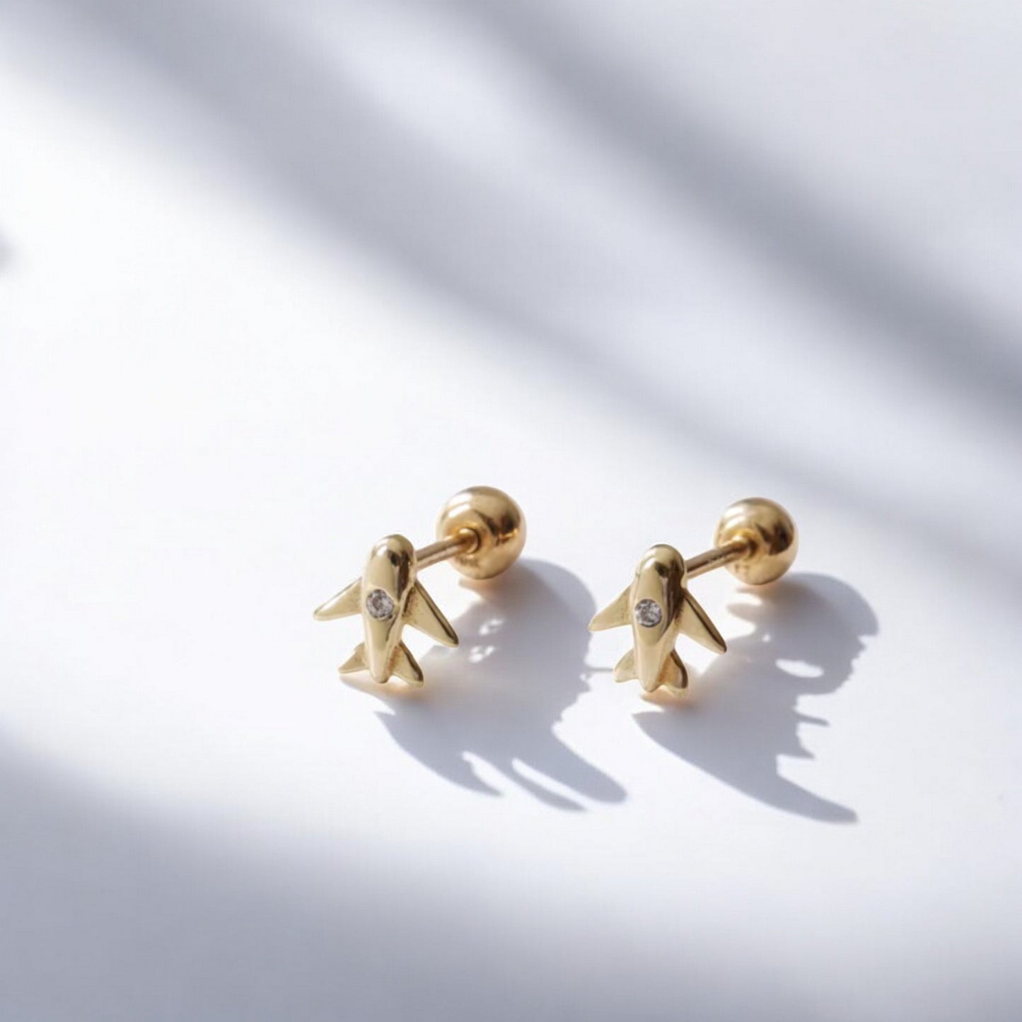 10K Pure Gold Zircon Jet Mini Airplane Screw On Earrings