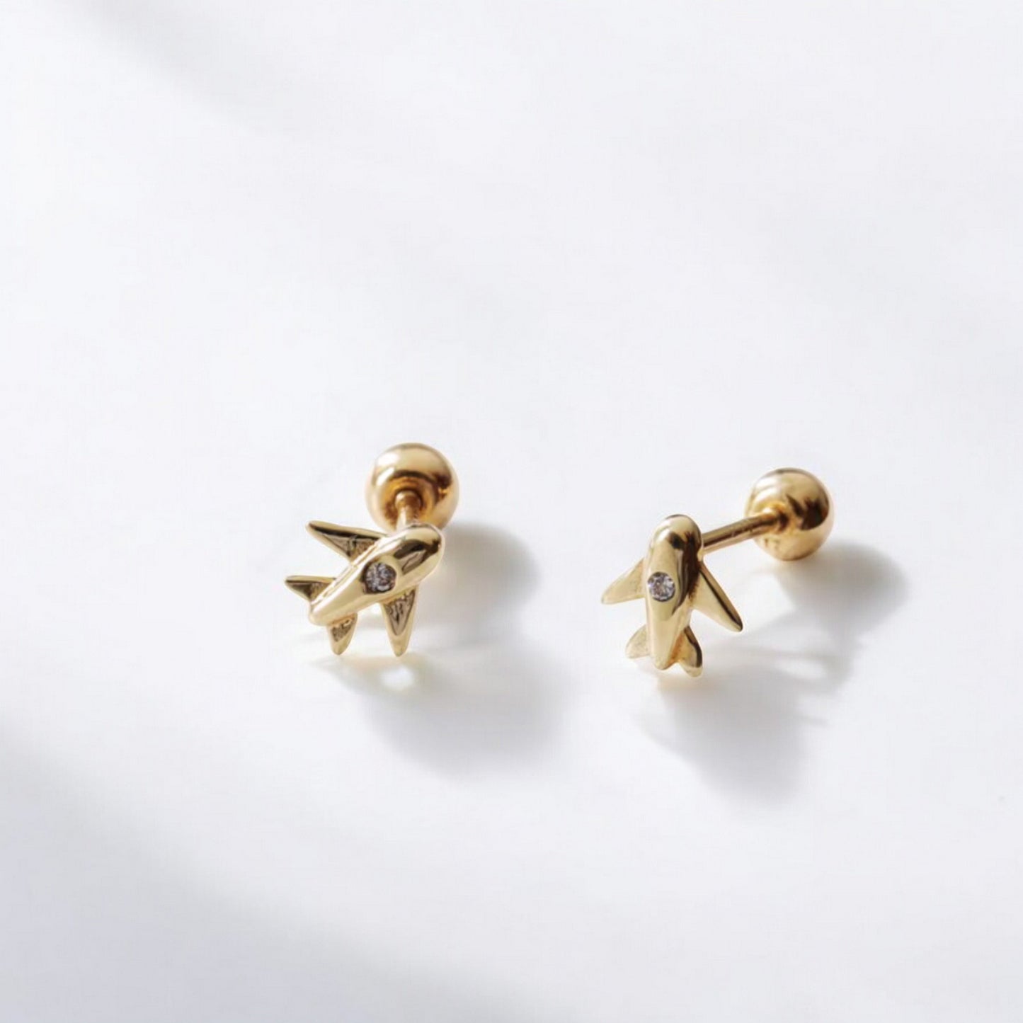 10K Pure Gold Zircon Jet Mini Airplane Screw On Earrings