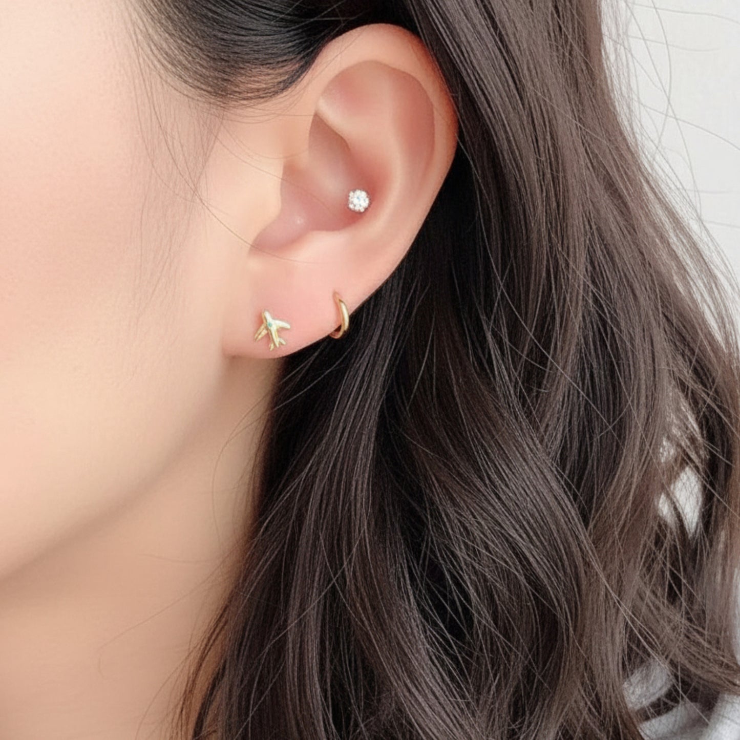 10K Pure Gold Zircon Jet Mini Airplane Screw On Earrings