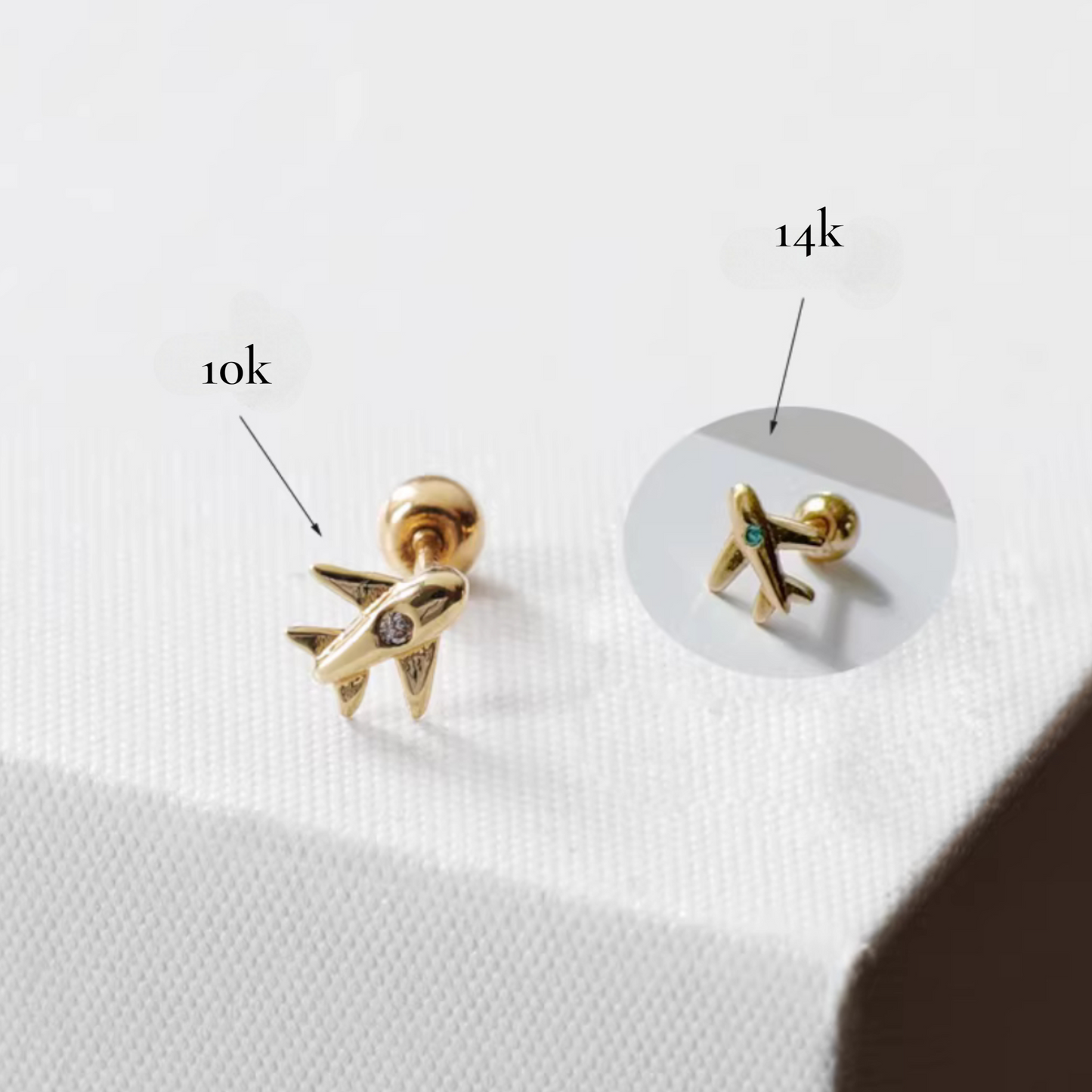 10K Pure Gold Zircon Jet Mini Airplane Screw On Earrings