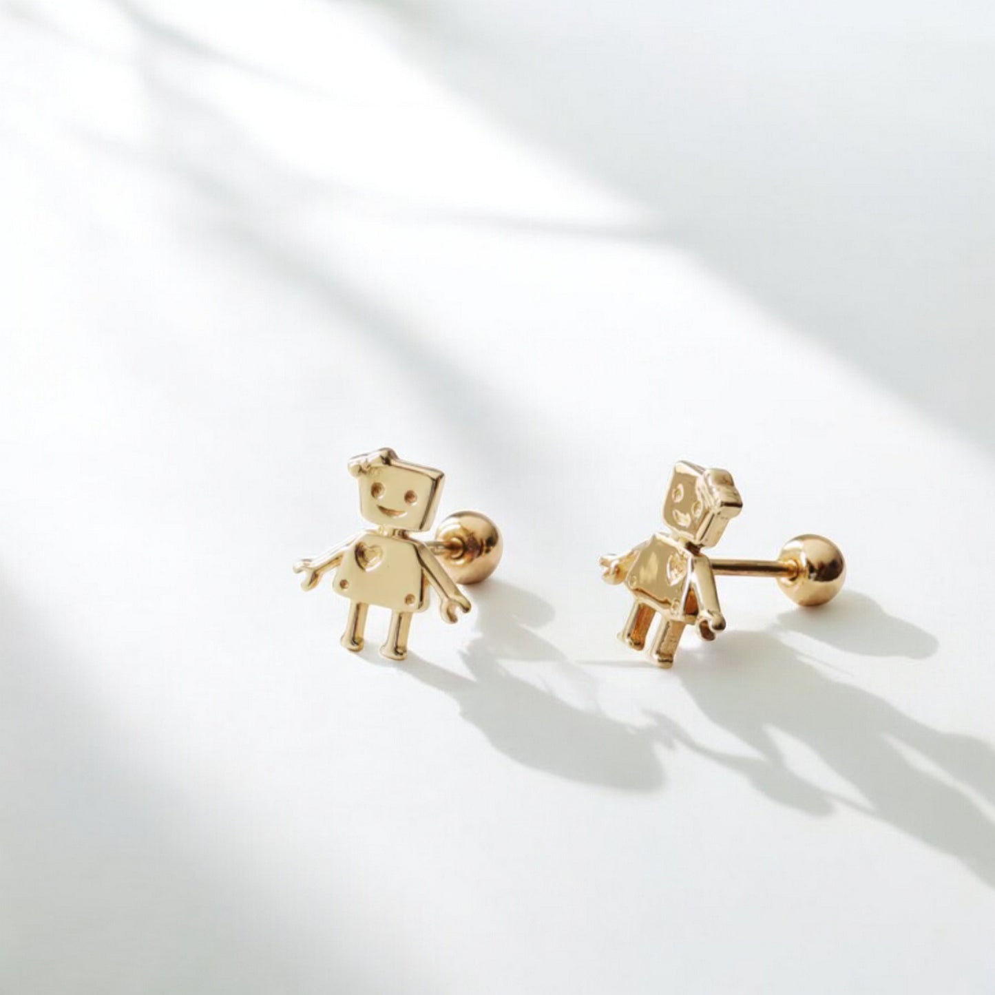 10K Pure Gold Mini Robot Screw On Earrings